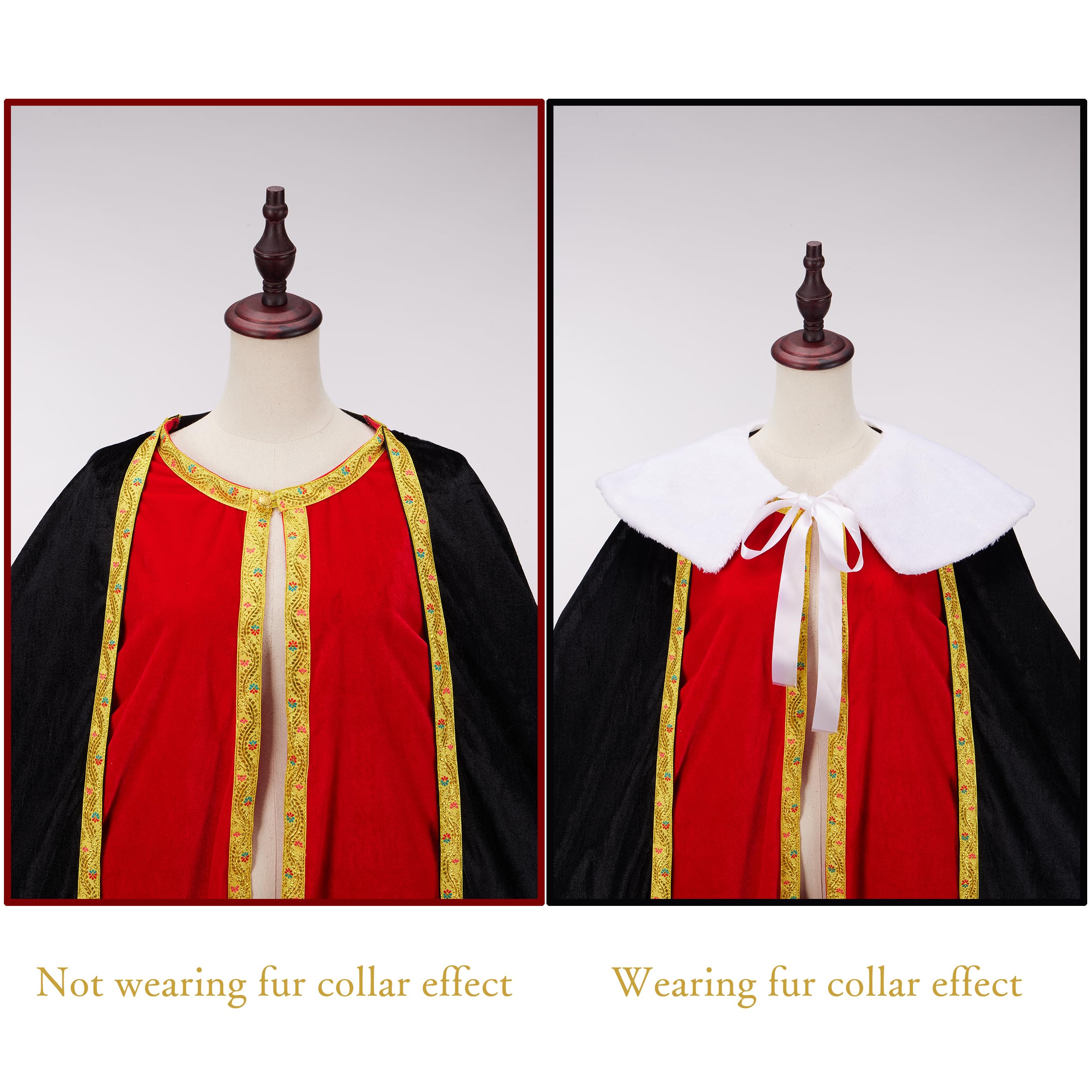 Regenboog King Cape for Man, Queen for Women - Adult Medieval With White Fur Collar Gold Border, Black Red Fake Two Pieces - Image 5